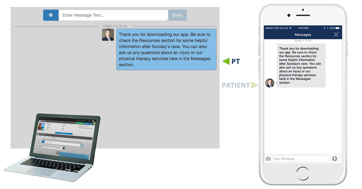 Patients use the branded app to securely (HIPAA compliant) communicate with your PTs with texts, images, videos, or audio clips. Answer questions, provide information, and encourage them to come in for an evaluation if necessary.