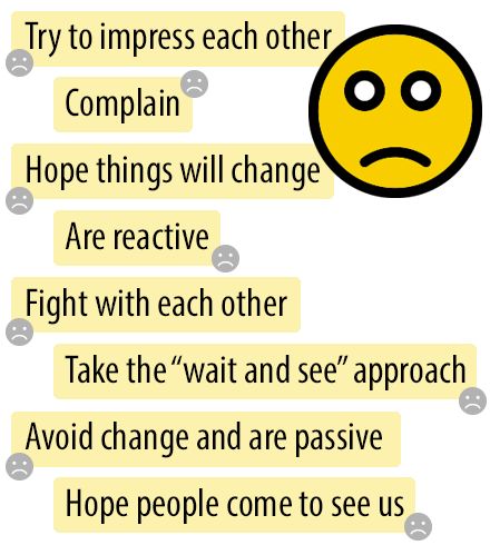 Characteristics in physical therapy: Try to impress each other. Complain. Hope things will change. Are reactive. Fight with each other. Take the wait and see approach. Avoid change. Are passive. Hope people come to see us.
